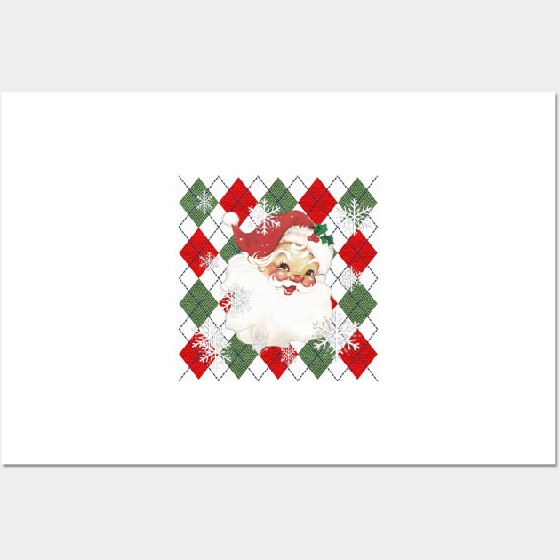 CHRISTMAS VINTAGE LOOK SANTA CLAUS Graphic Design on background of Red & Green Plaid with Snowflakes: Available on many products such as bedding, pillows, apparel, clocks, mugs, travel mugs Wall Art by tamdevo1